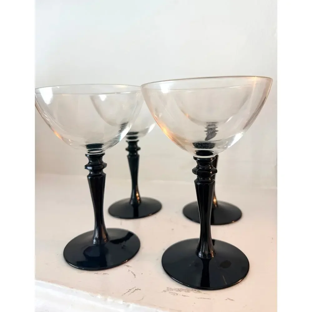 4 Vintage Black Stem Wine Goblets Set 4 Cocktail Coupes Elegant Deco Goth